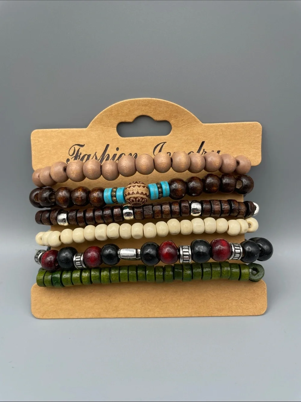 Stacked Beaded Bracelet Set, Women’s— Natural Wood, Turquoise, Ivory & Olive